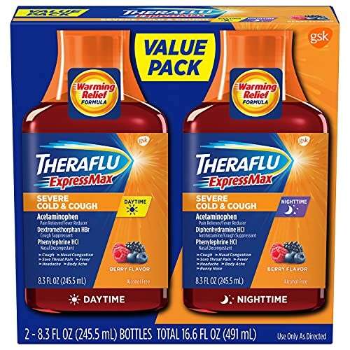 Alea's Deals 57% Off Theraflu ExpressMax Daytime/Nighttime Severe Cold & Cough Relief Syrups, Berry Flavor, 8.3 oz (Combo Pack)! Was $12.79 ($0.77 / Ounce)!  