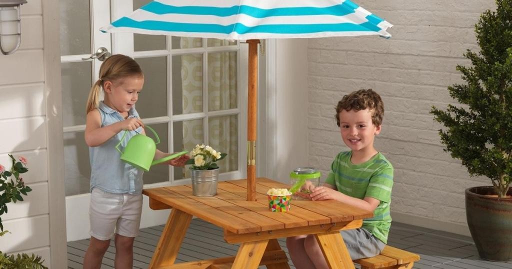 Alea's Deals 56% Off KidKraft Outdoor Wooden Table & Bench Set with Striped Umbrella, Children's Backyard Furniture, Turquoise and White, Gift for Ages 3-8, Amazon Exclusive! Was $149.99!  