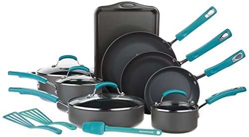 Alea's Deals (61% Off) Rachael Ray Classic Brights Hard Anodized Nonstick Cookware Pots and Pans Set, 15 Piece - Agave Blue! Was $237.99!  