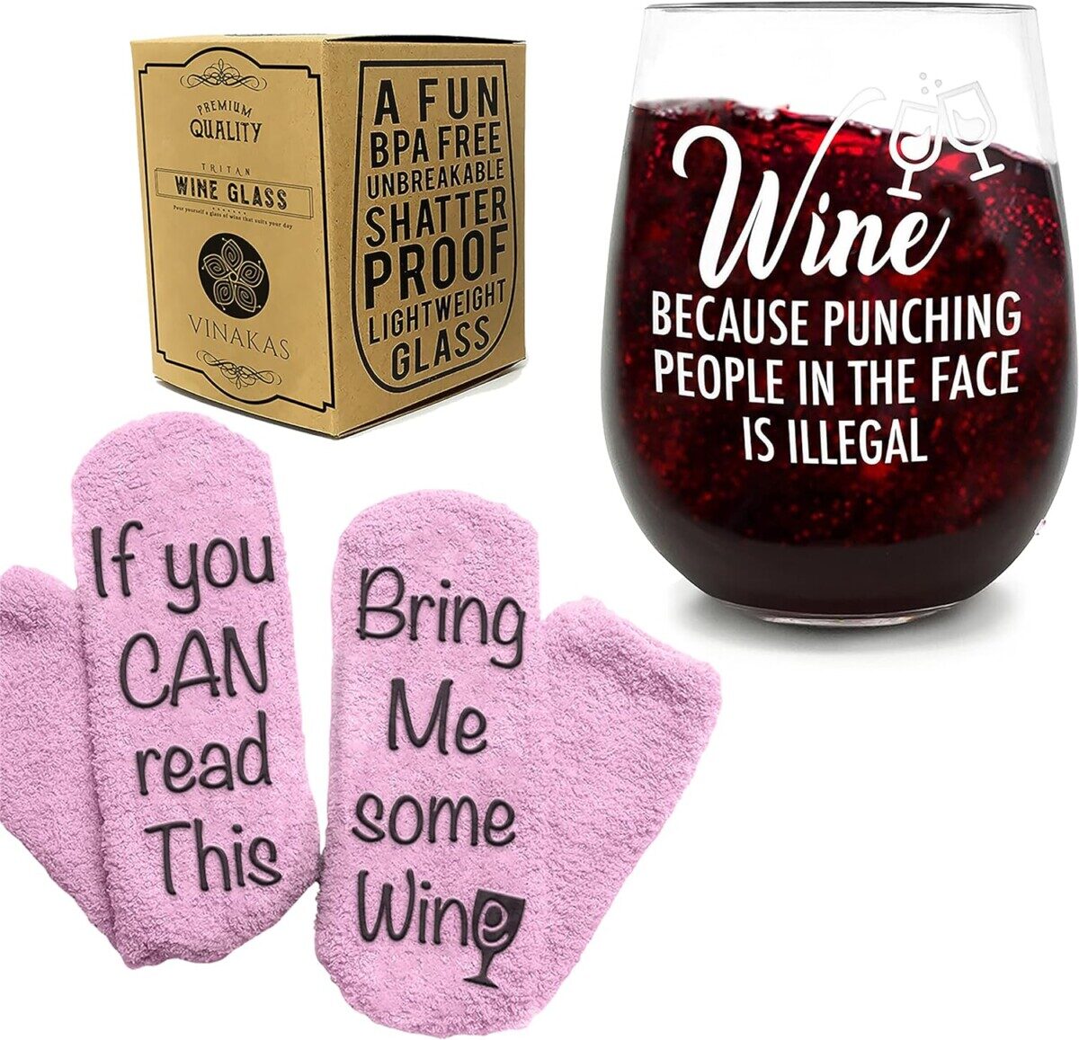 Alea's Deals WINE GIFTS - 16 oz Unbreakable Wine Glasses and Funny Socks “If You Can Read This, Bring Me Some Wine"  