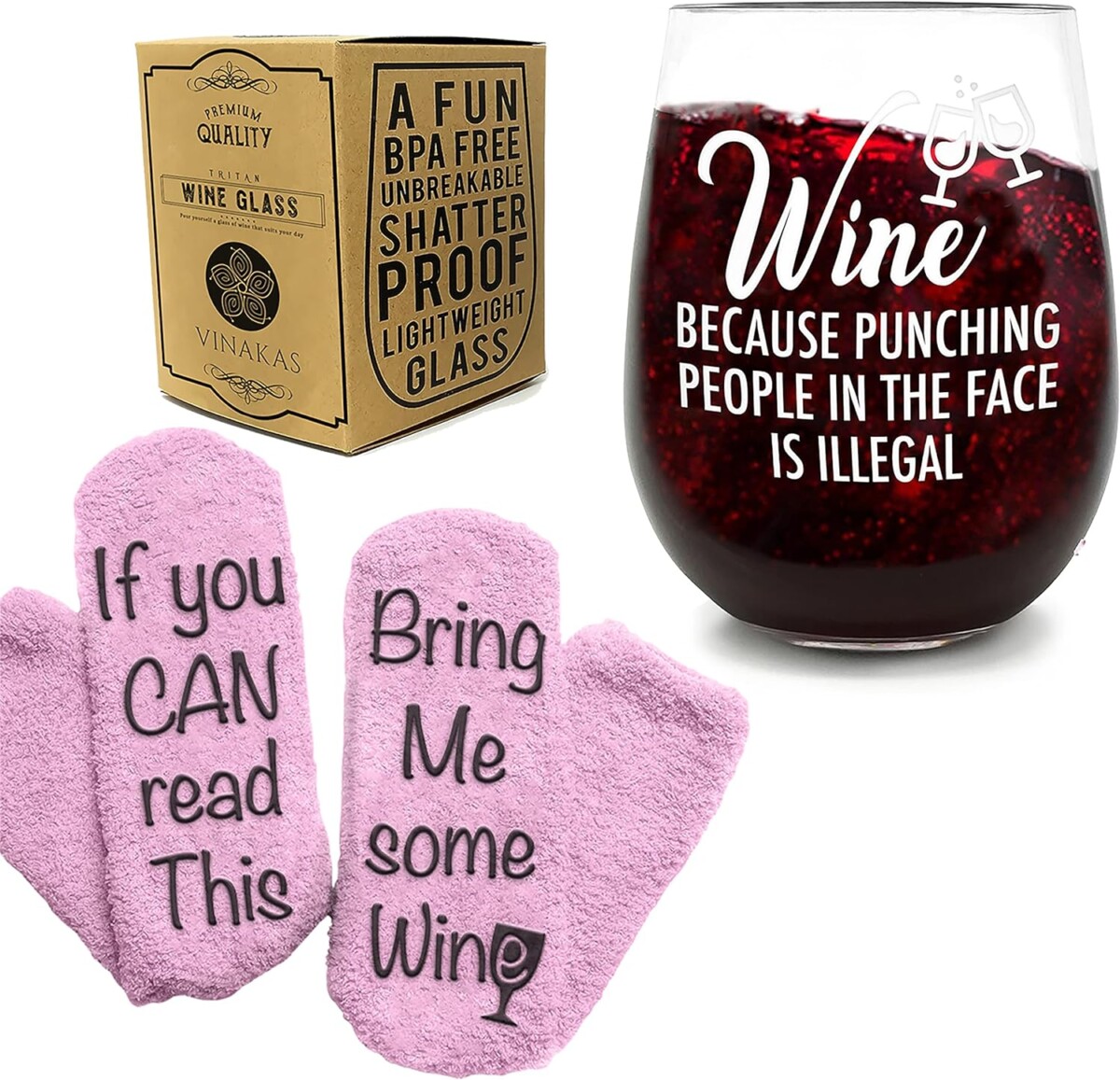 Alea's Deals WINE GIFTS - 16 oz Unbreakable Wine Glasses and Funny Socks “If You Can Read This, Bring Me Some Wine"  