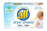 all Fabric Softener Dryer Sheets for Sensitive Skin, Free Clear, 120 Count Up to 61% Off! Was $10.10 ($0.08 / Count)!